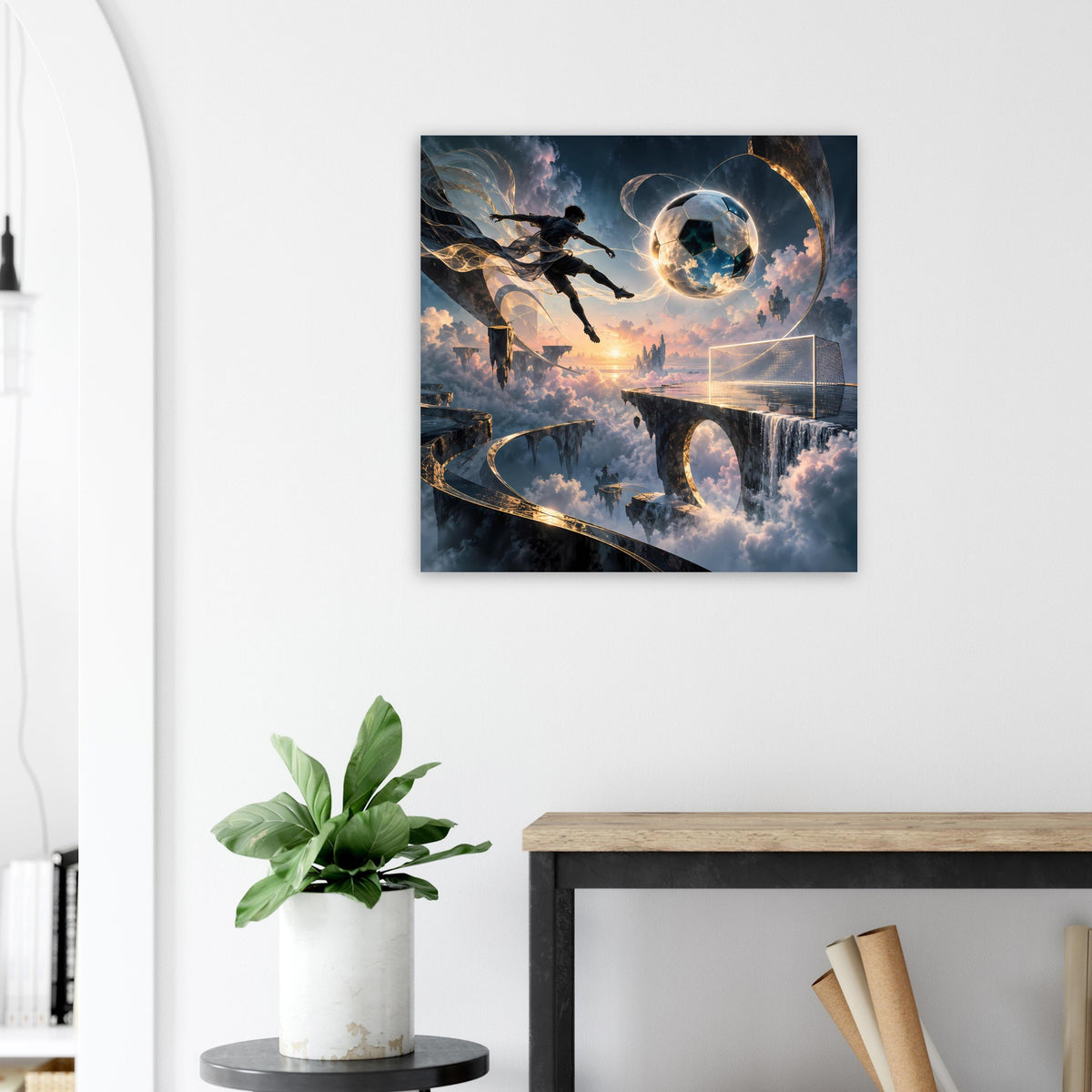 Poster mit Fußballspieler, Ball und Planet im Wolkenhimmel, blau-goldene Grafik