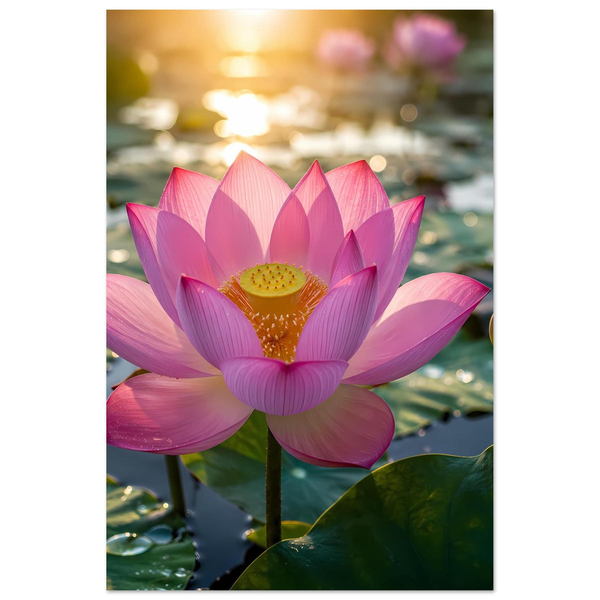 Hochformatiges Lotusblüten-Poster: rosa Blüte mit gelbem Zentrum und Knospe