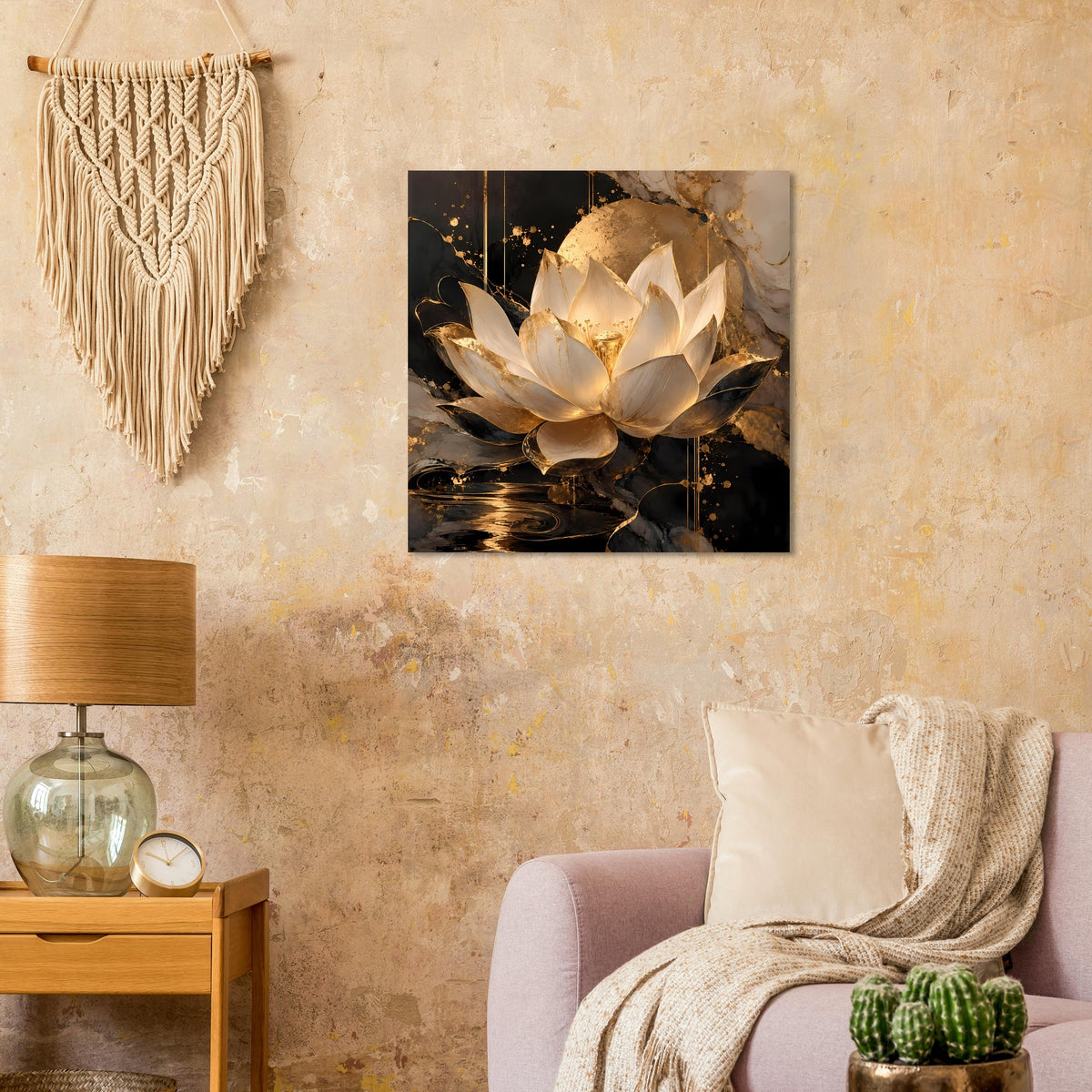 Wandposter mit Lotusblüte in Goldtönen und Elfenbein, mit abstrakten Lichtakzenten