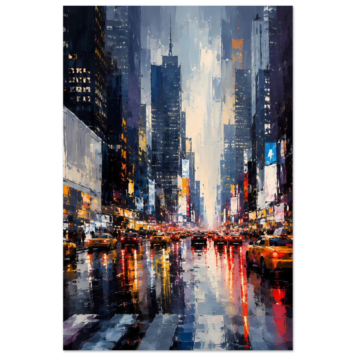 Stadtposter mit Blick in eine regennasse Stadtstraße, reflektierenden Lichtern und vielen Gebäuden