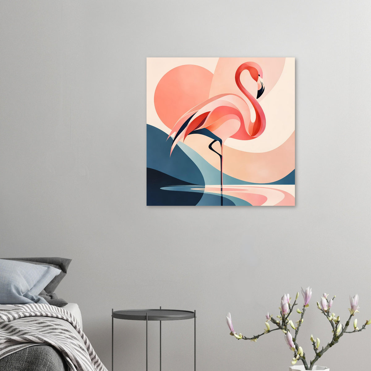 Kleiner Flamingo-Sonnenuntergang Kunstdruck mit rotem Flamingo, Blau- und Rosatönen.