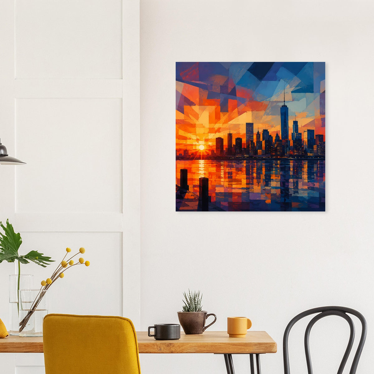 Quadratisches Poster mit Stadtansicht in geometrischem Stil, leuchtende Sonne und Blautöne.