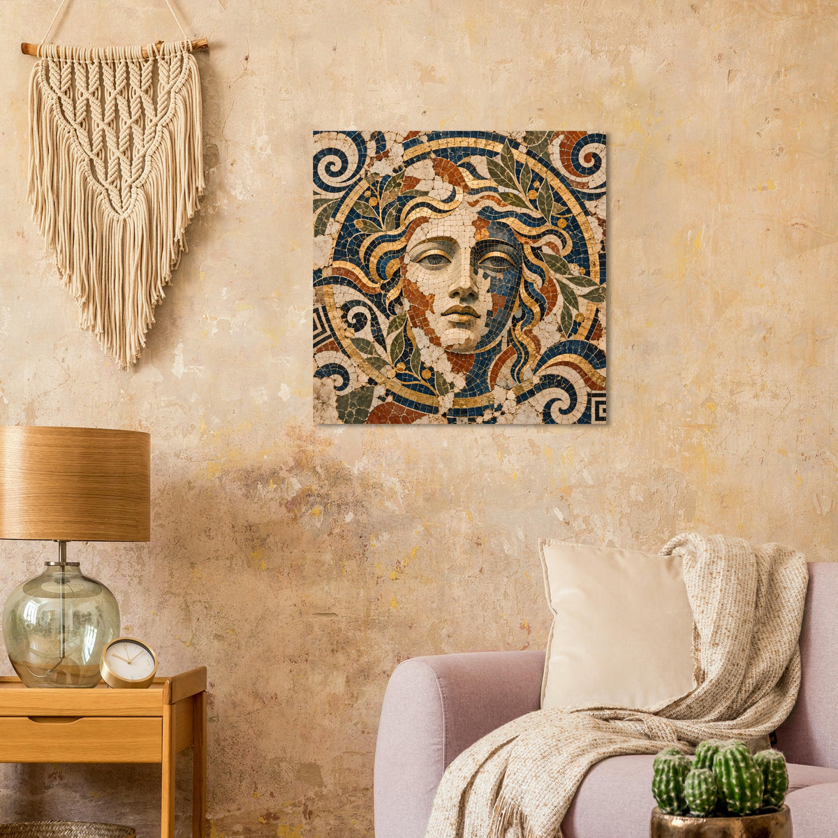 Quadratisches Poster mit Mosaik-Göttin und geschwungenen Ornamenten in Blau und Gold