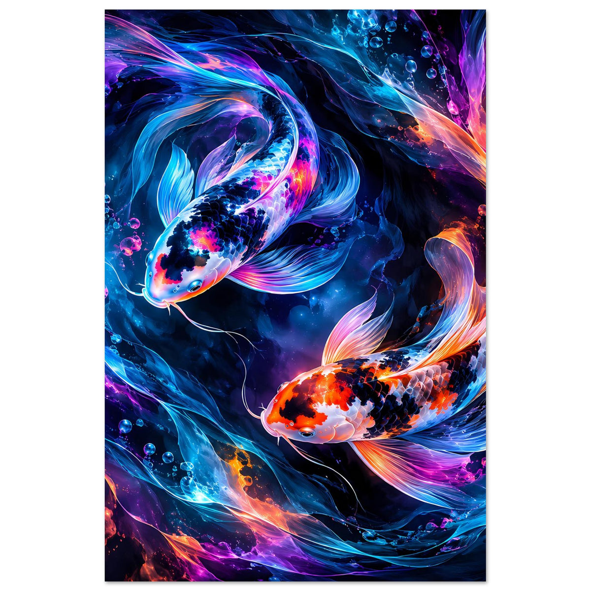Hochformat-Poster mit Koi-Fischen in Blau und Orange, umgeben von leuchtenden Blasen