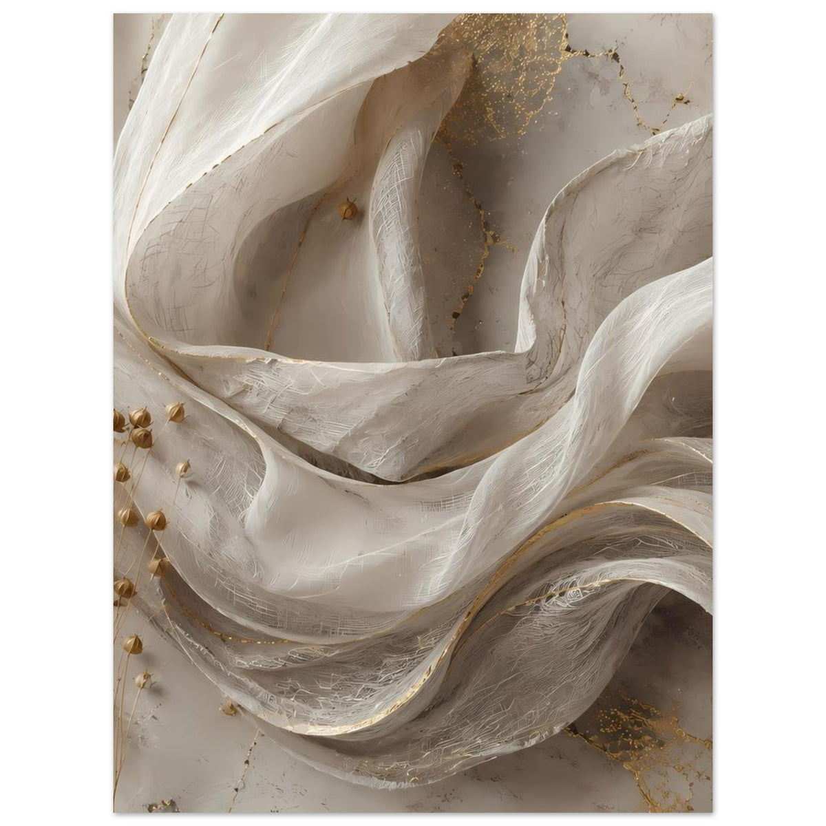 Abstraktes Poster mit cremefarbenen Wellen und goldenen Akzenten, dezente Metallic-Töne