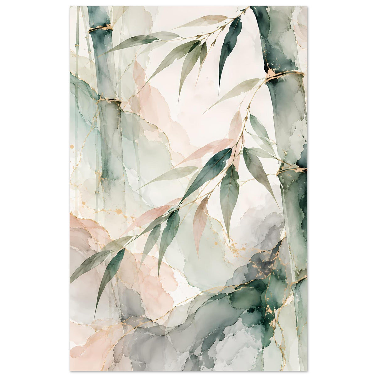 Vertikales Naturposter mit Aquarell-Bambus, Blättern in Grün, cremig-beige Farbverläufe