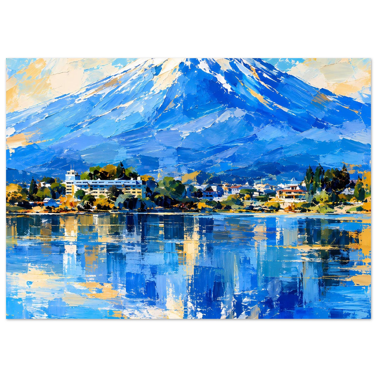 Horizontales Poster mit blauem Berg, Dorf am Ufer und Spiegelung im See