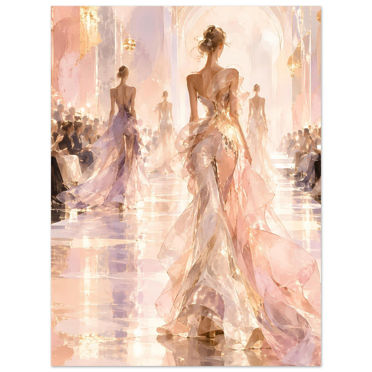 Mode-Runway-Poster mit Designerfigur in beige-rosafarbenem Abendkleid und Schleifenoptik