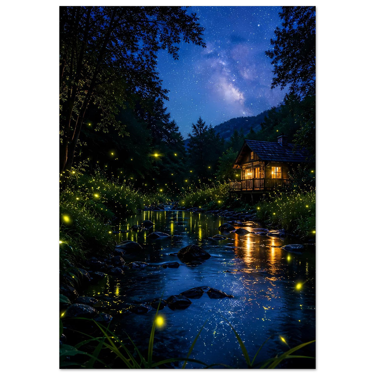 Poster mit dunklem Waldfluss bei Nacht, glühenden Glühwürmchen und beleuchteter Hütte