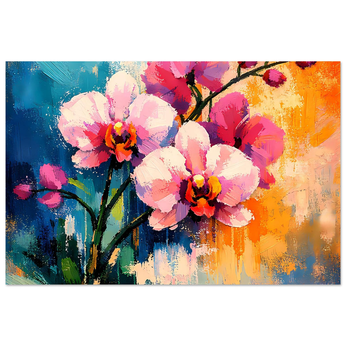 Horizontales Blumenposter: mehrere Blüten in Rosa und Weiß an dunklem Ast, abstrakter Pinselstrich