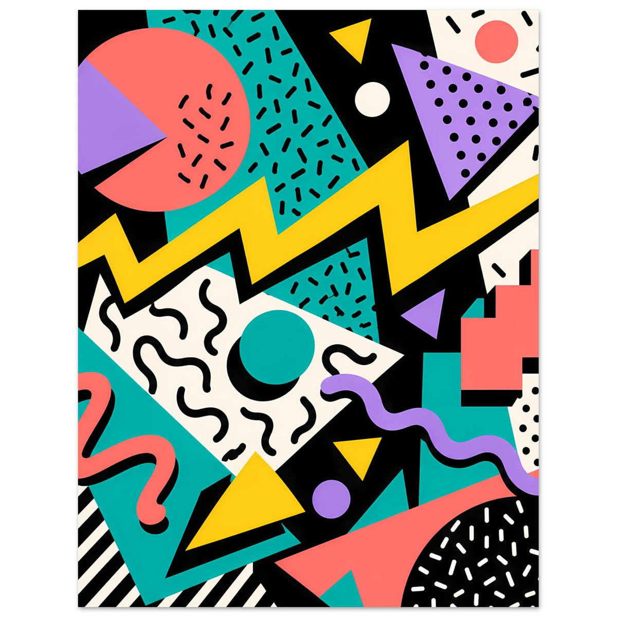 Abstraktes Memphis-Poster mit kontrastreichen Formen, Punkten, Zickzack und Neon-Farben