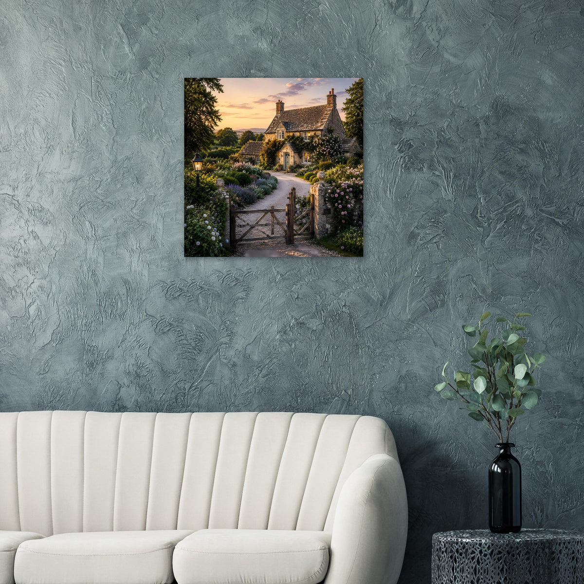 Quadratisches Poster mit Landhaus, Gartenweg, Blumen und Torzaun im Sonnenuntergang
