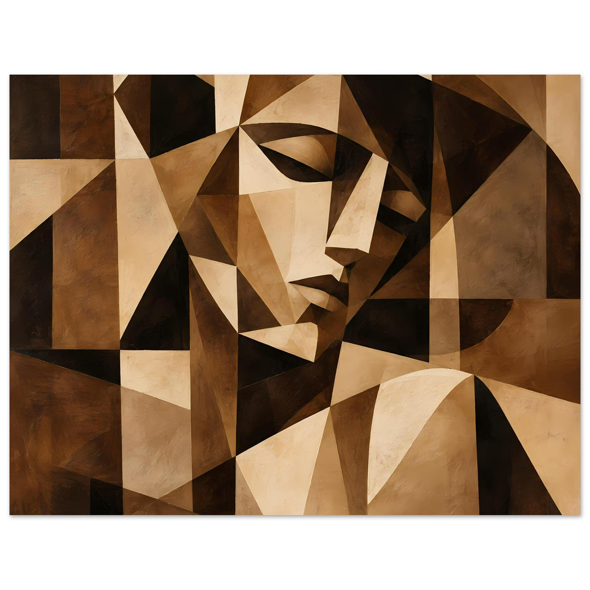 Kubistisches Kunstposter mit abstraktem Porträtmotiv in warmen Braun- und Beige-Tönen