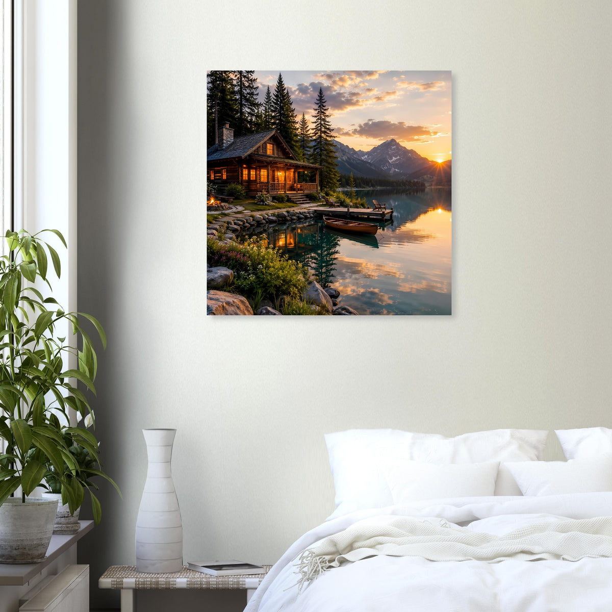 Quadratisches Wandposter mit Seeufer, Bäumen, Bergkulisse und warmem Sonnenuntergang
