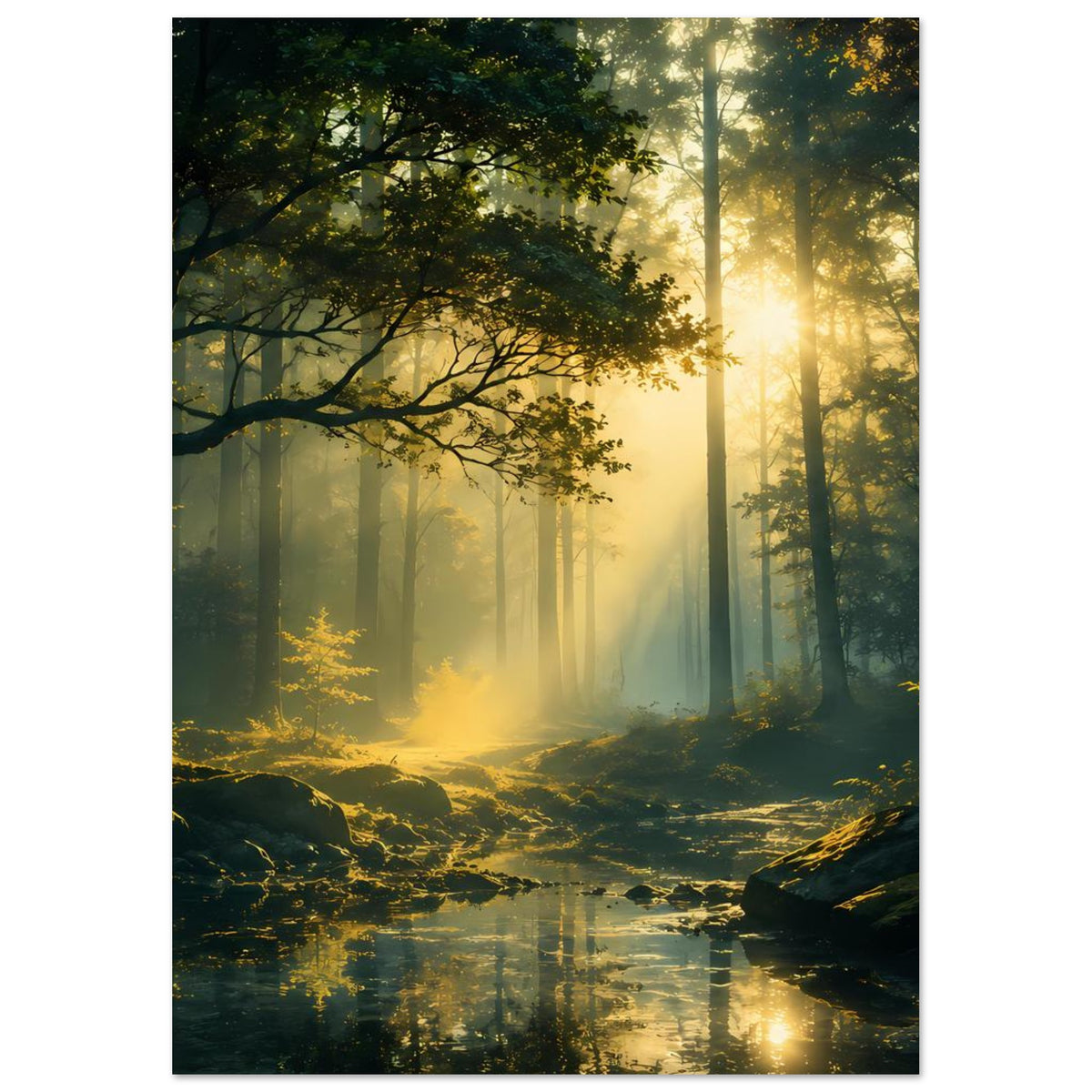 Hochkantiges Poster: Waldlicht mit gelbem Schimmer, Lichtstrahlen und Spiegelung im Wasser.