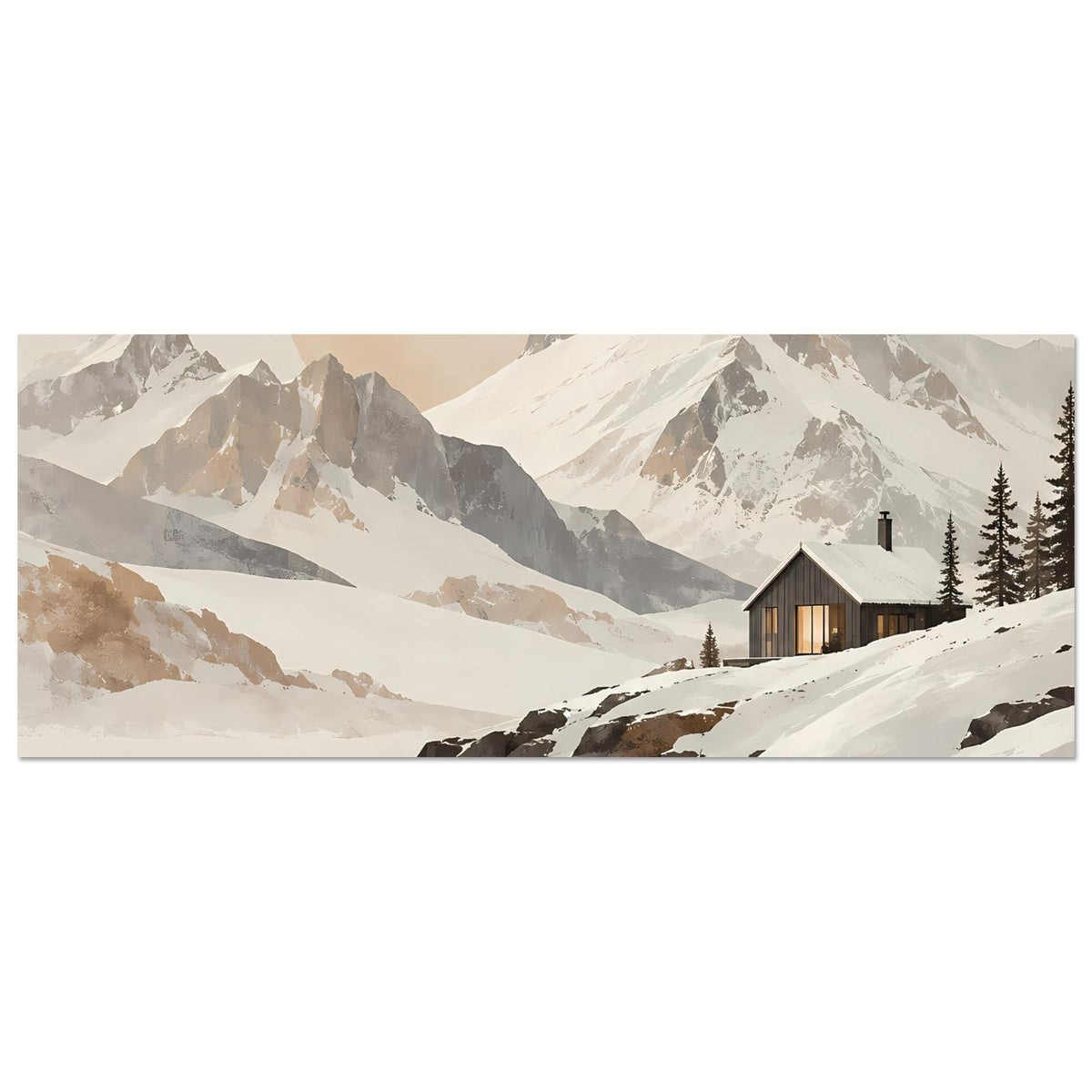 Horizontales Poster mit schneebedeckten Bergen, Sonnenkreis im Hintergrund und Hütte