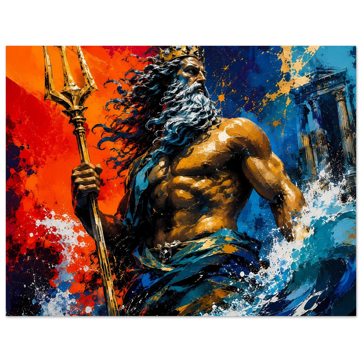 Horizontales Poster mit Poseidon-Figur und Dreizack, rot-blaues Spritzmotiv mit Wellen