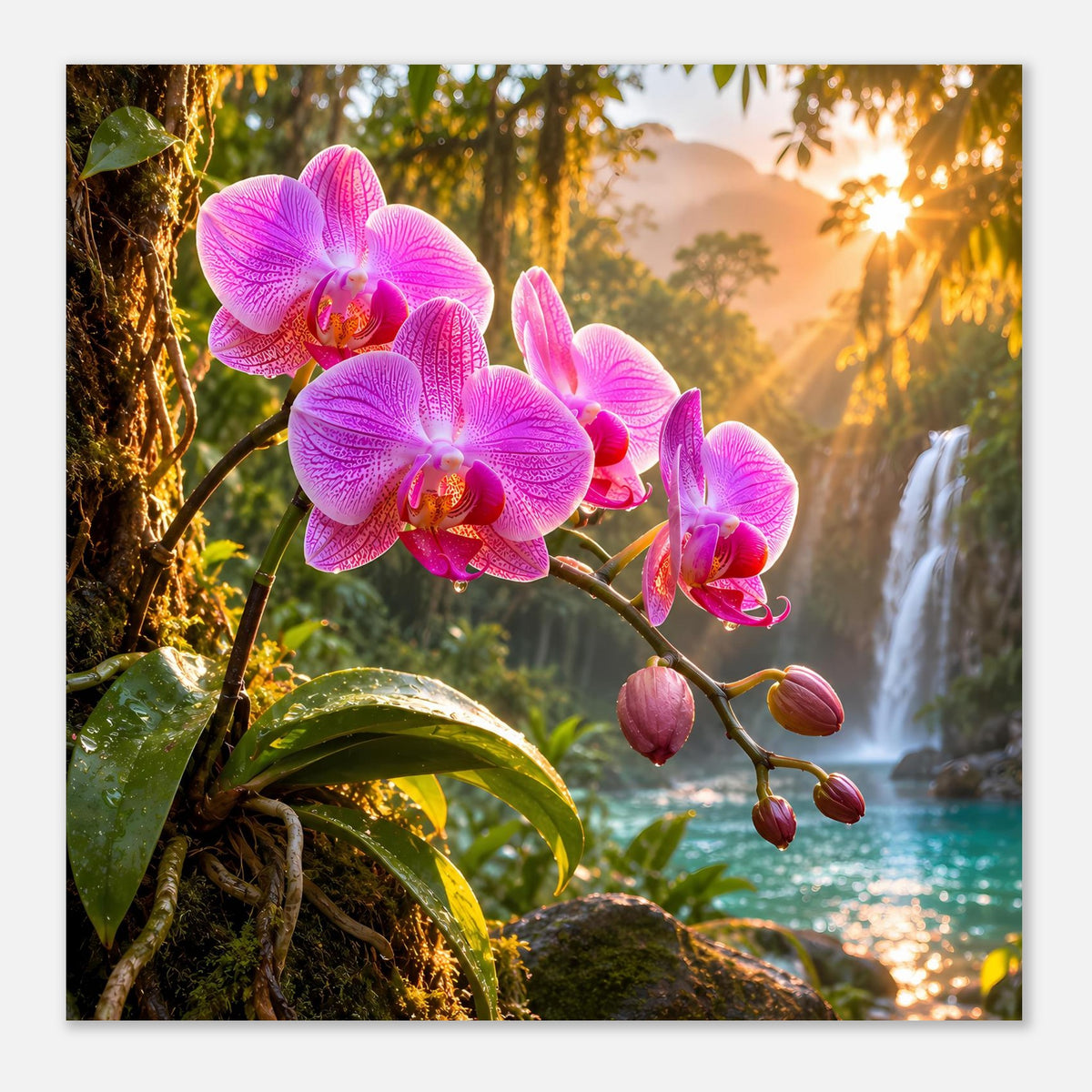 Naturposter mit pinken Orchideenblüten, hängenden Knospen und Wasserfall