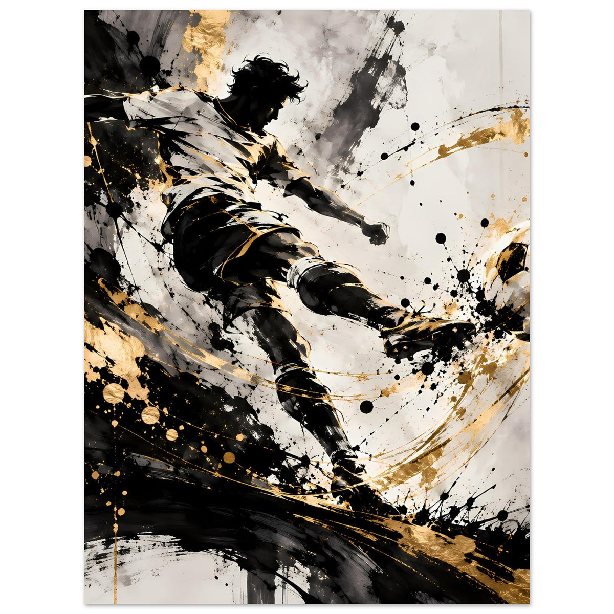 Poster: Silhouette eines Fußballspielers im Schuss, schwarz-goldene Farbkleckse