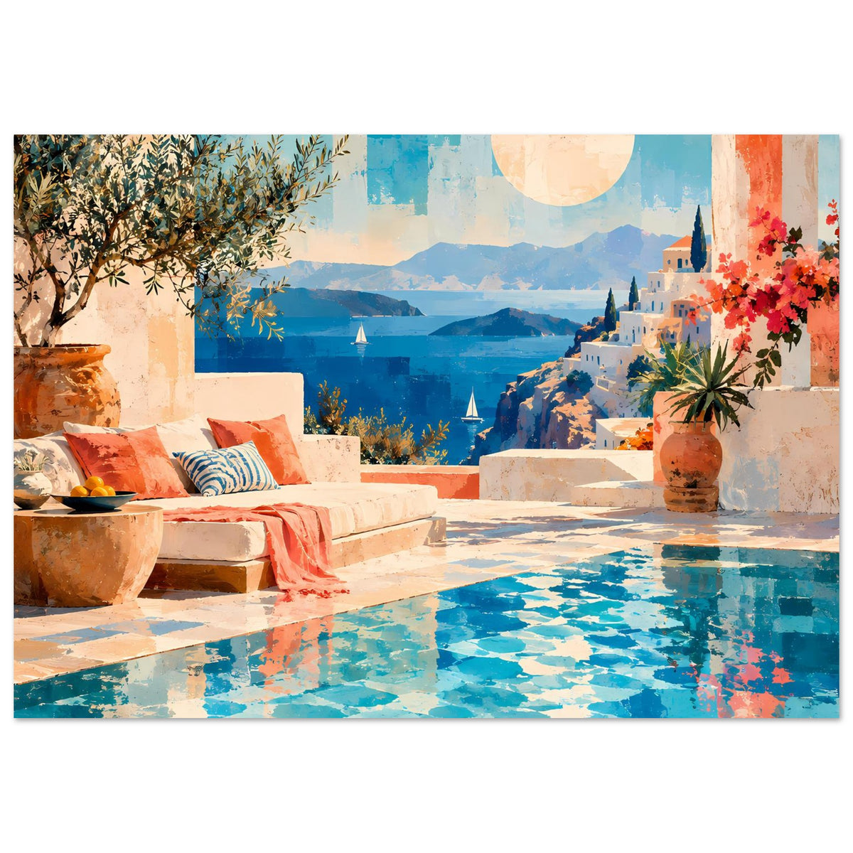 Mediterranes Küsten-Landschaftsposter im Querformat mit Pool, Terrasse und Sonne