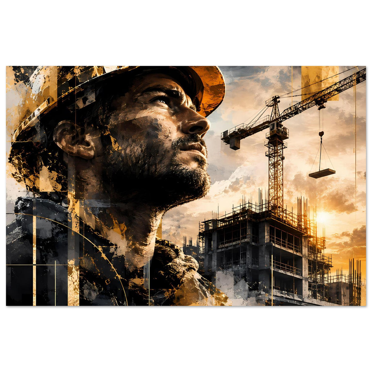 Poster mit Bauarbeiter-Porträt, Schutzhelm, Baustelle und Baukran, Gold- und Grautöne
