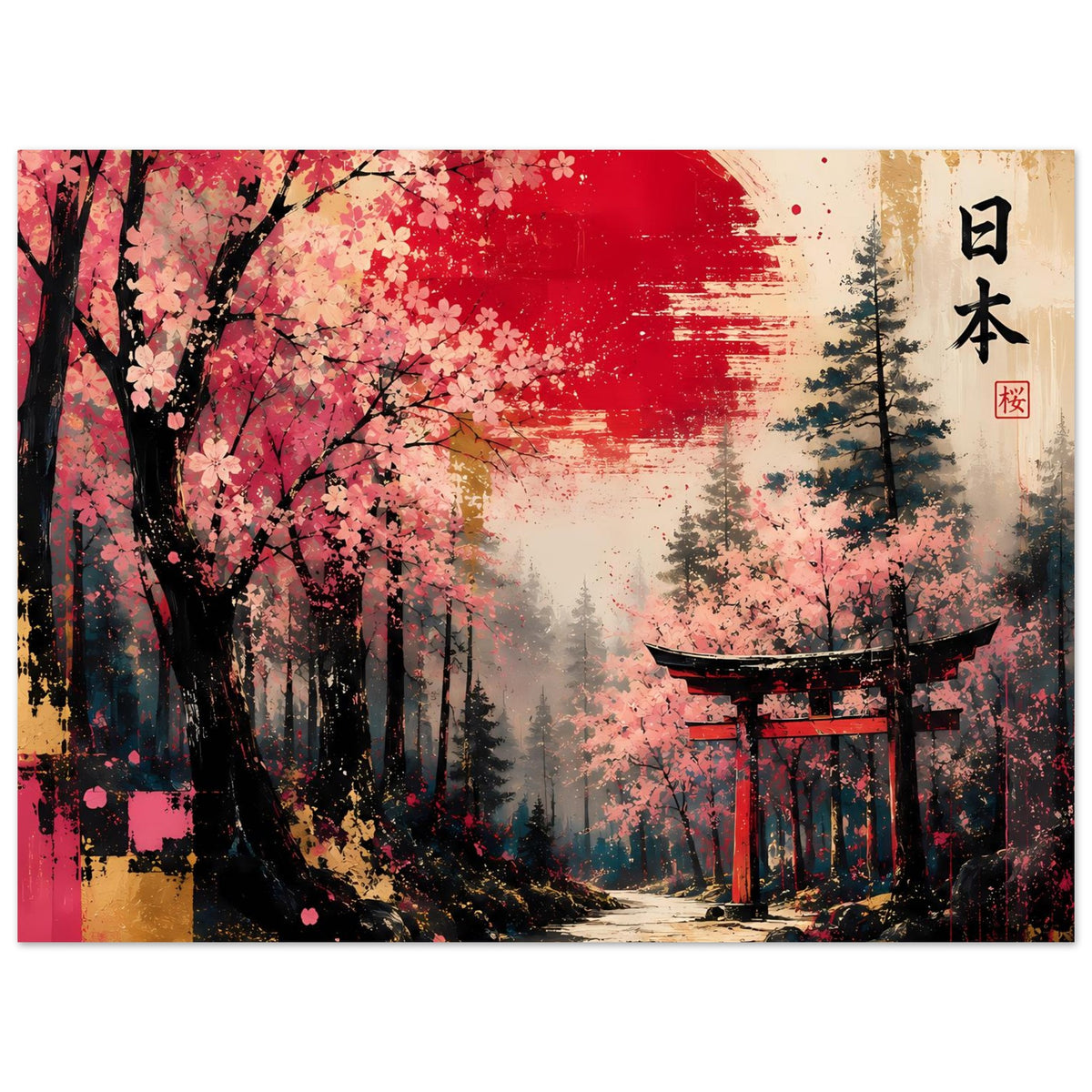 Poster im Querformat mit Torii und Kirschblüten, roter Halbmond über Waldnebel