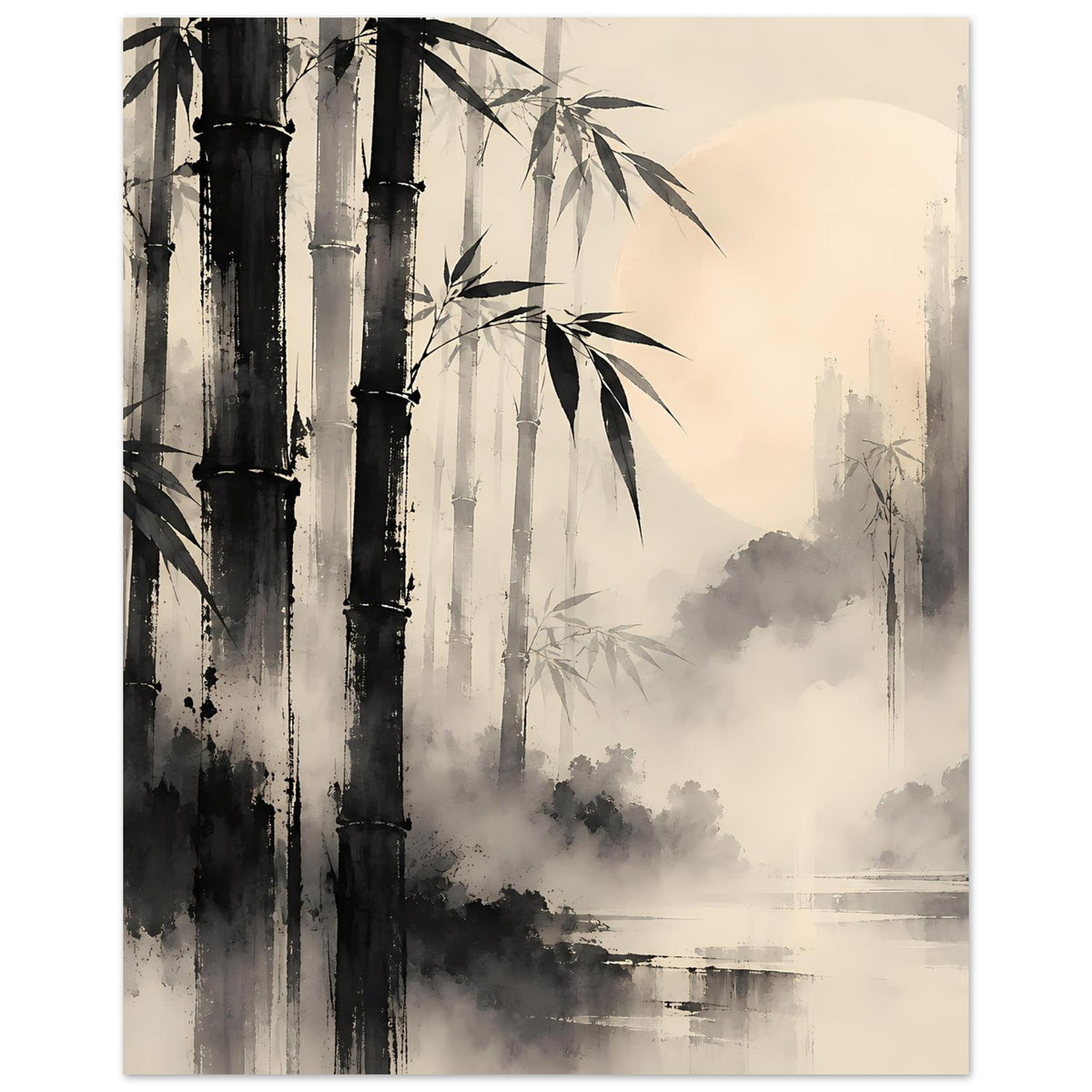 Hochformat-Poster mit Bambusstämmen, Schwarz-Weiß-Tinte, Nebel und heller Horizontlinie