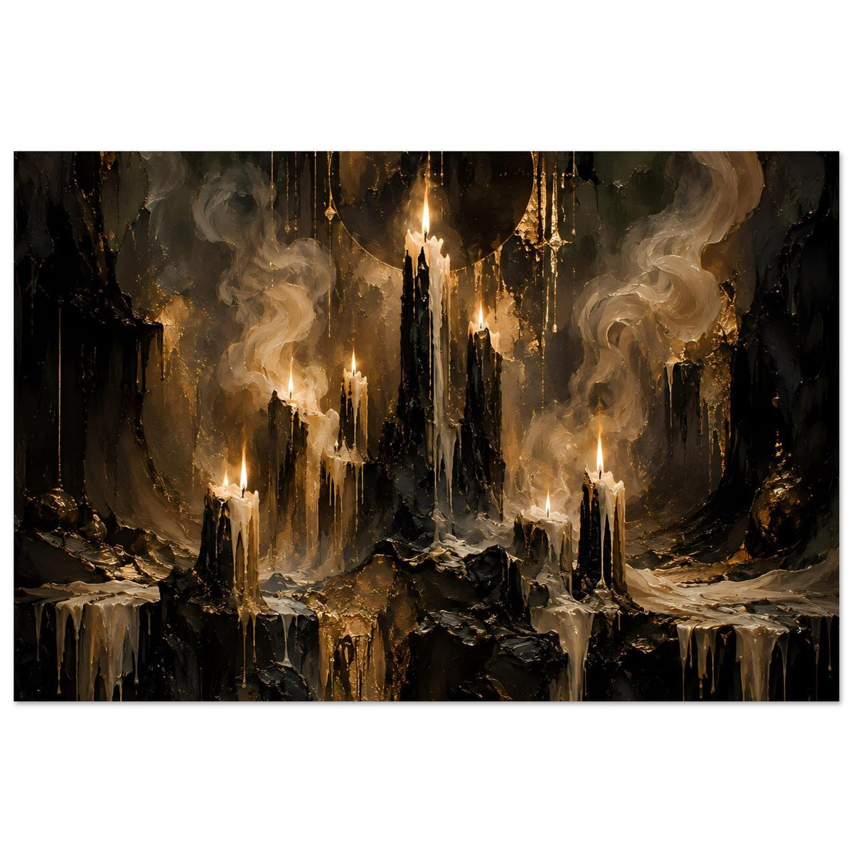 Fantasy-Poster im Querformat mit brennenden Kerzen, goldenen Details und dichten Rauchwolken