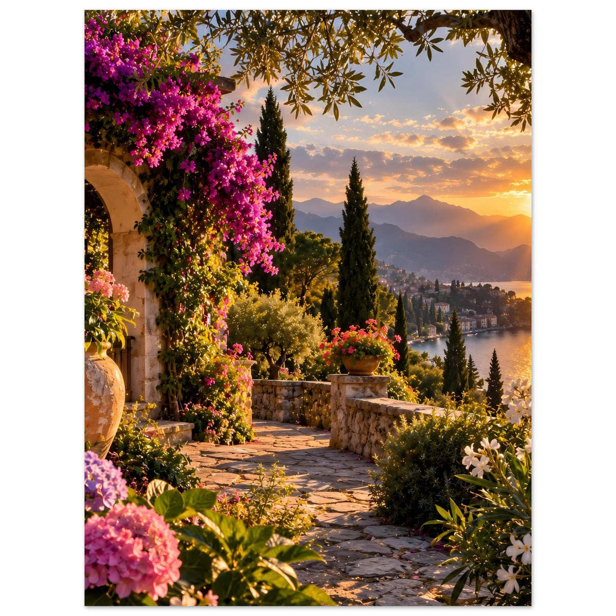 Poster mit Blütenpflanzen, Steintreppe und Sonnenuntergang über See und Bergen