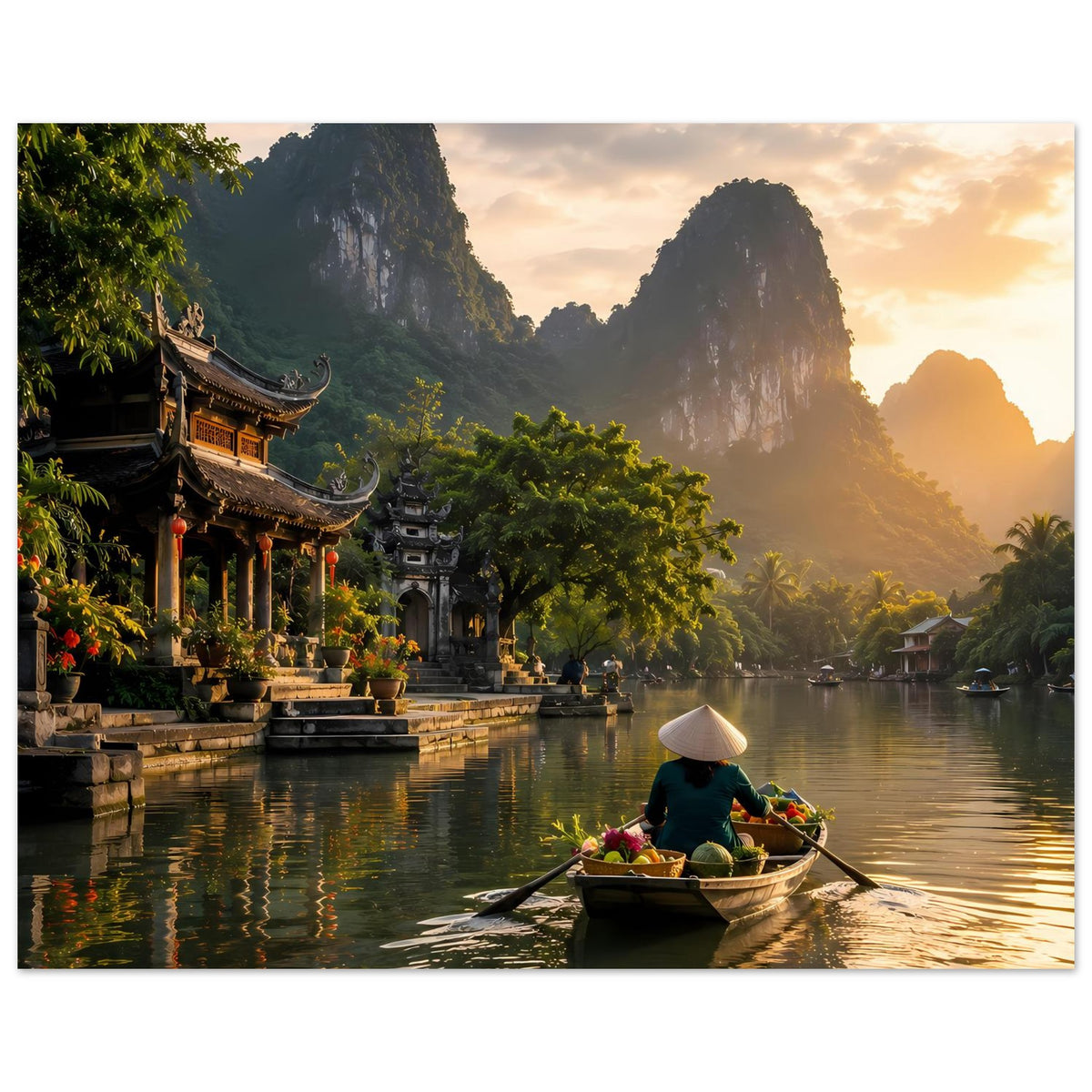Kunstposter: Flusslandschaft mit Boot und Pagoden an der linken Uferseite