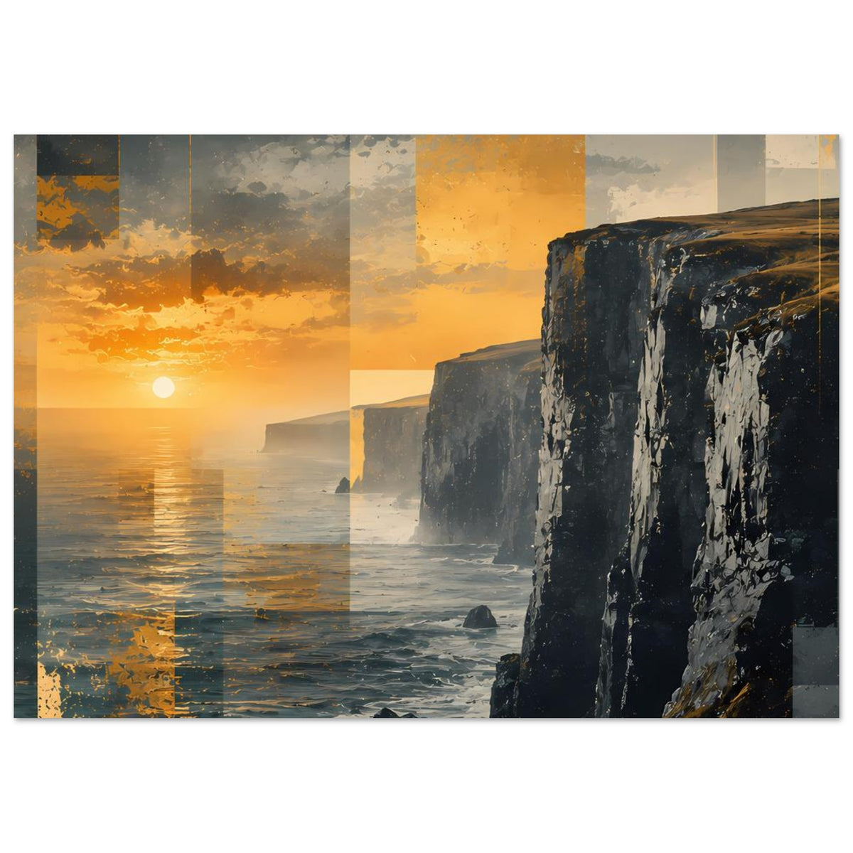 Poster mit Sonnenuntergang über dem Meer und Küstenklippen, horizontal gerahmt