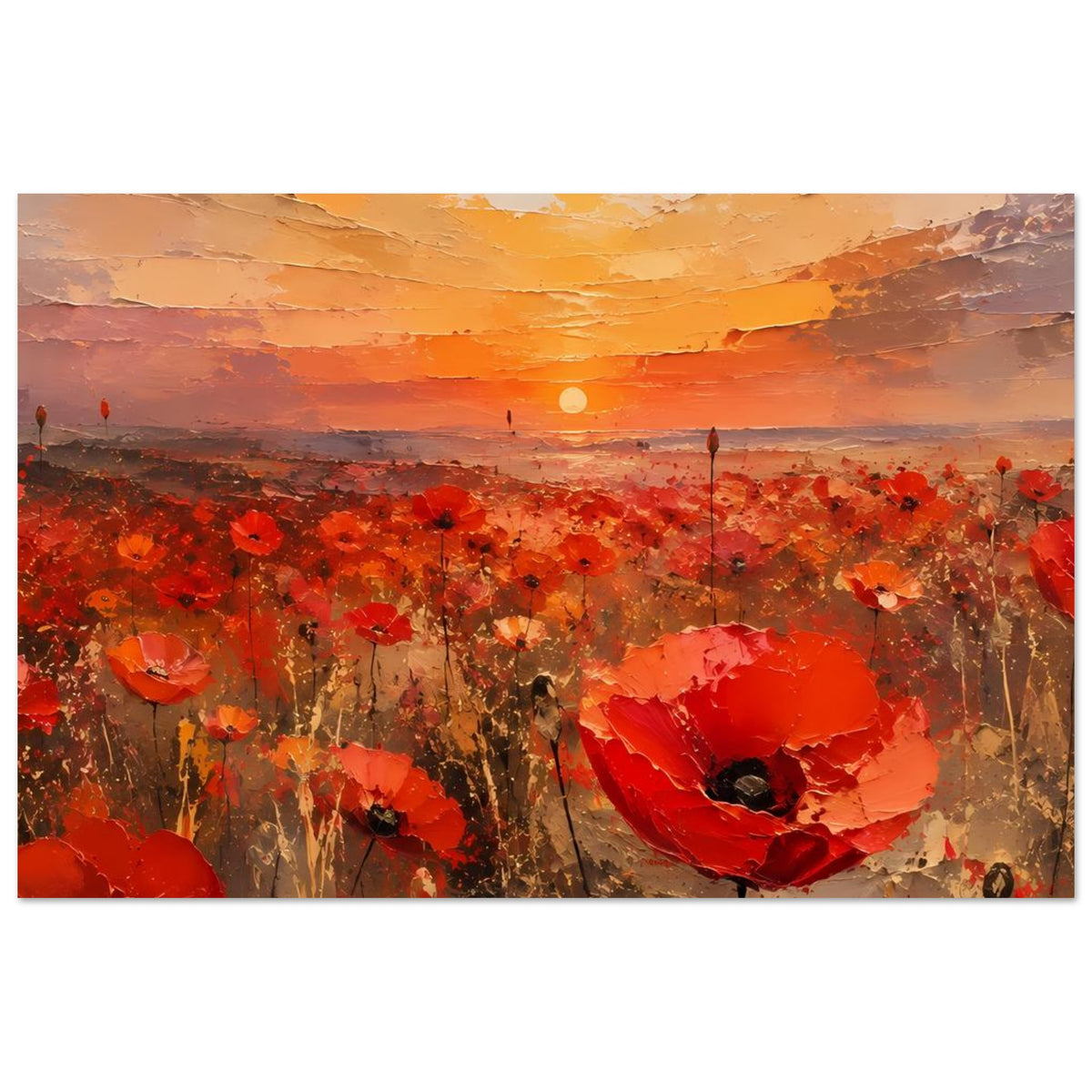 Horizontales Wandposter: roter Mohn, orangefarbener Himmel und stehende Sonne