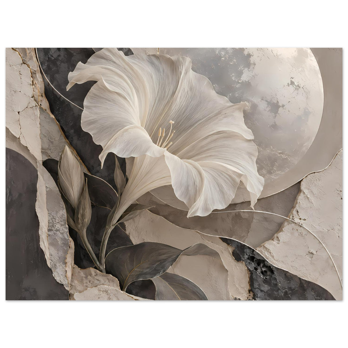Kunstposter mit weißer Lilienblüte, dunklen Blättern, Mondkreis und goldenen Linien