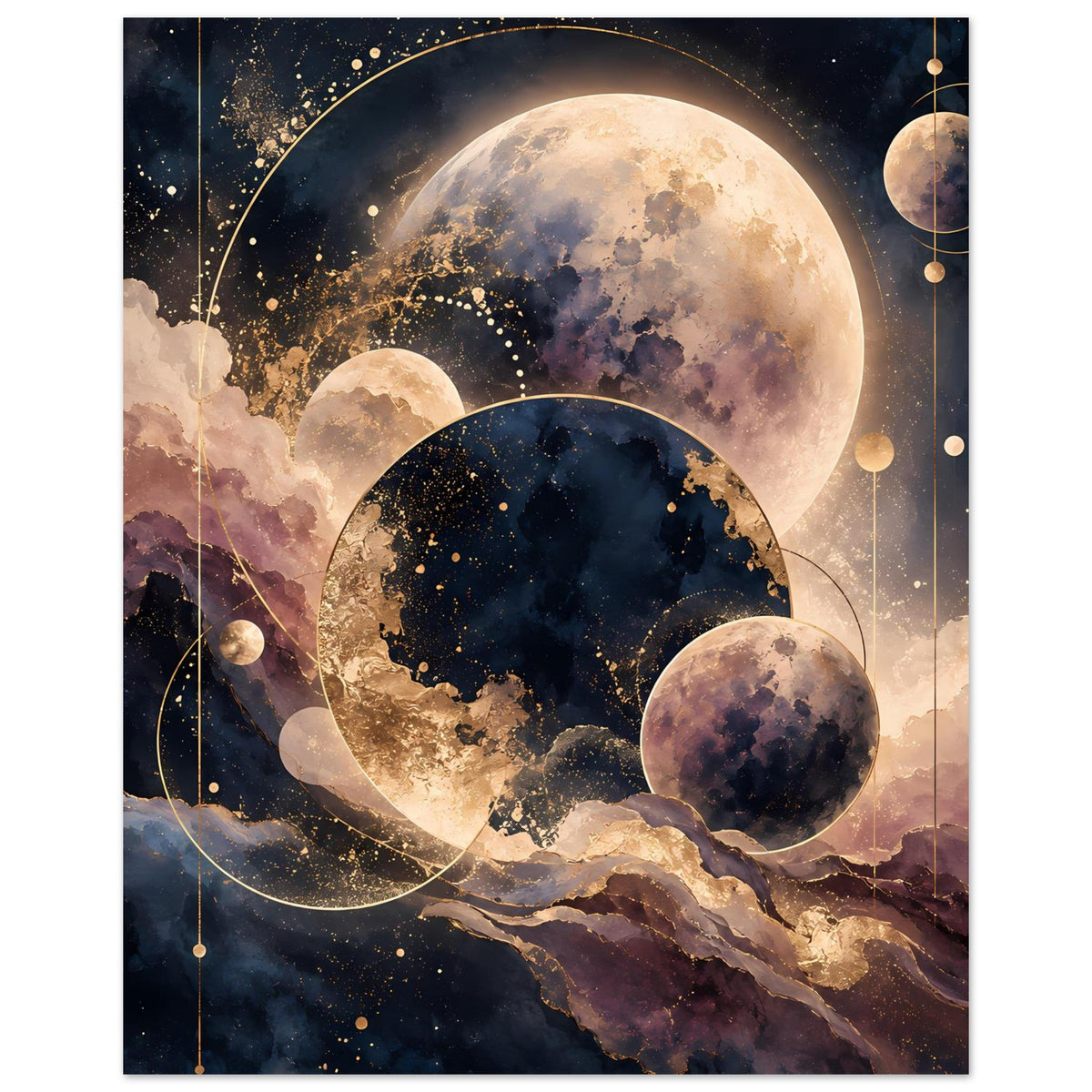 Planetenposter mit mehreren Monden, Wolkenlandschaft und goldenen Punkten im All