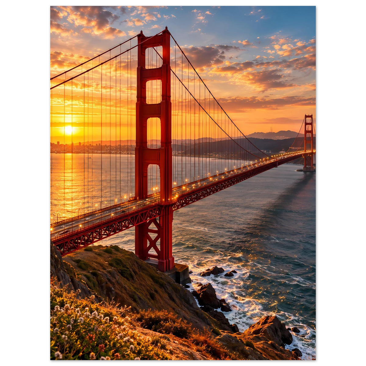 Vertikales Poster der Golden Gate Bridge bei Sonnenuntergang, Blick entlang der Brücke