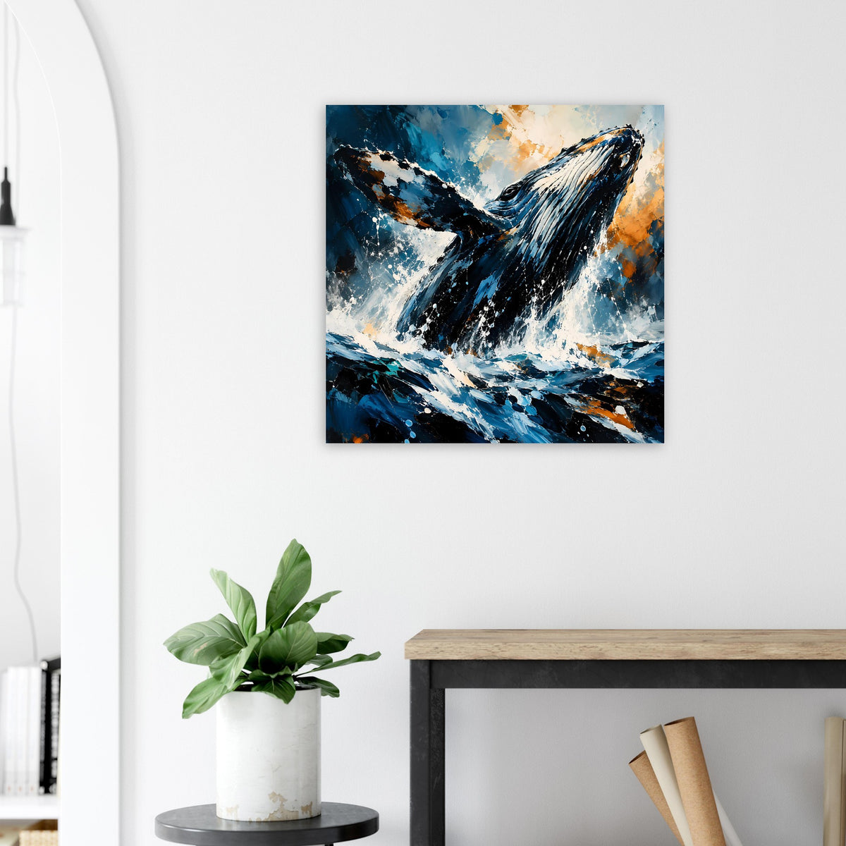 Wal Kunstposter mit dynamischer Pinselstruktur in Blau, Weiß und warmem Orange