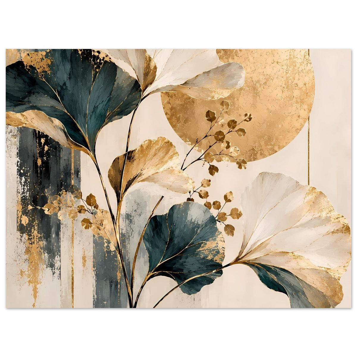 Poster mit goldener Sonnenscheibe und Ginkgoblättern, Detailansicht mit Zweigen