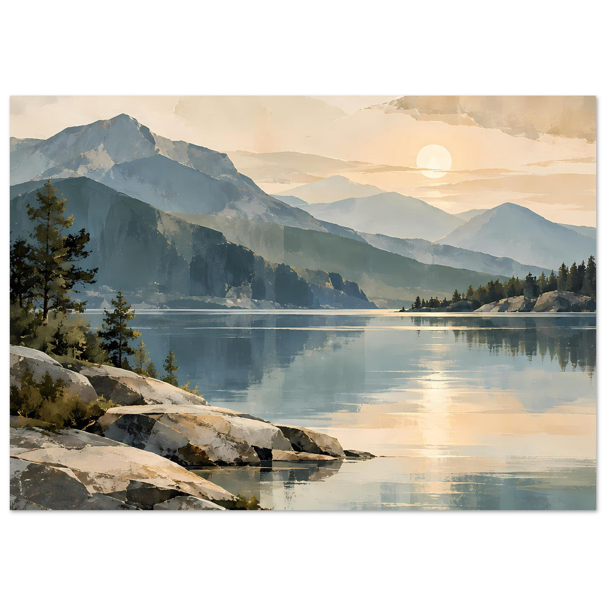 Poster mit Bergsee im Sonnenaufgang: Berge, ruhiges Wasser, Felsen und Nadelbäume