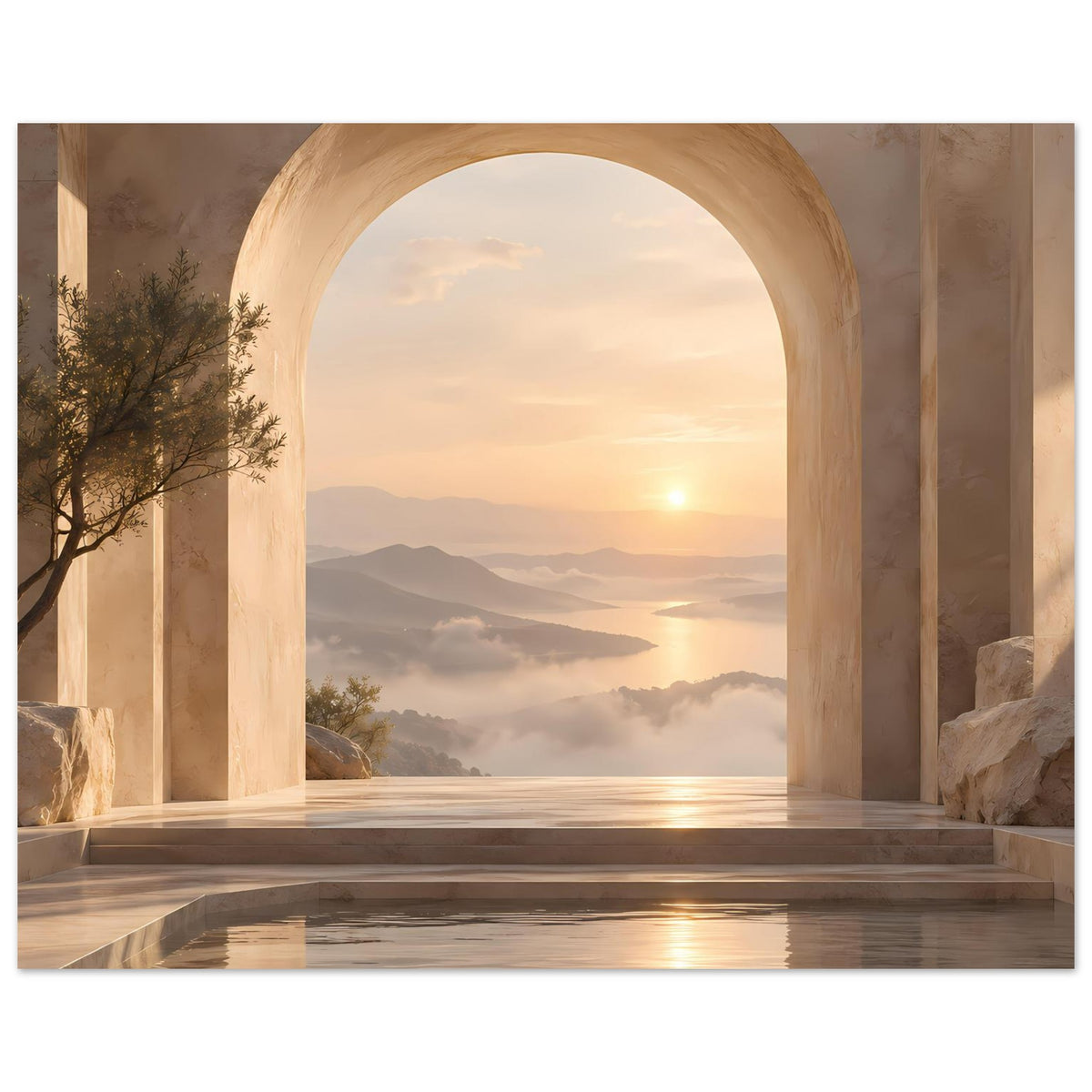 Poster mit bogenförmiger Architekturöffnung, Sonnenuntergang über Bergen und ruhigem Wasserbecken