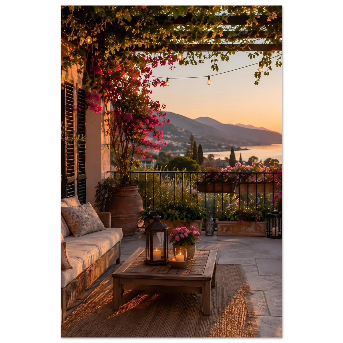 Terrassen-Poster: Balkon mit Blumenkästen, Sofa und Couchtisch, Laternenlicht am Abend