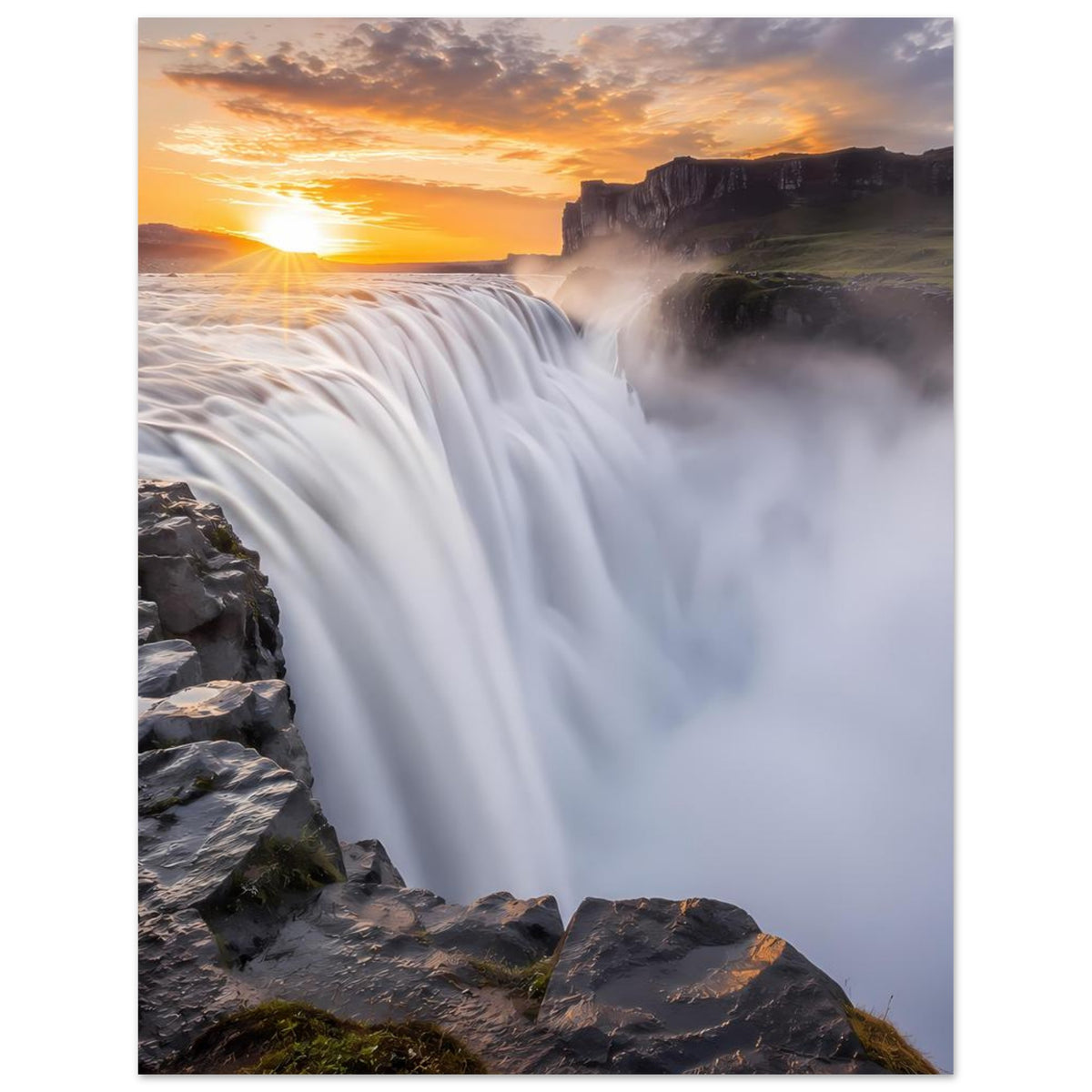 Poster mit Wasserfall bei goldener Abendsonne, Wasser in großen Bahnen, Nebelschleier