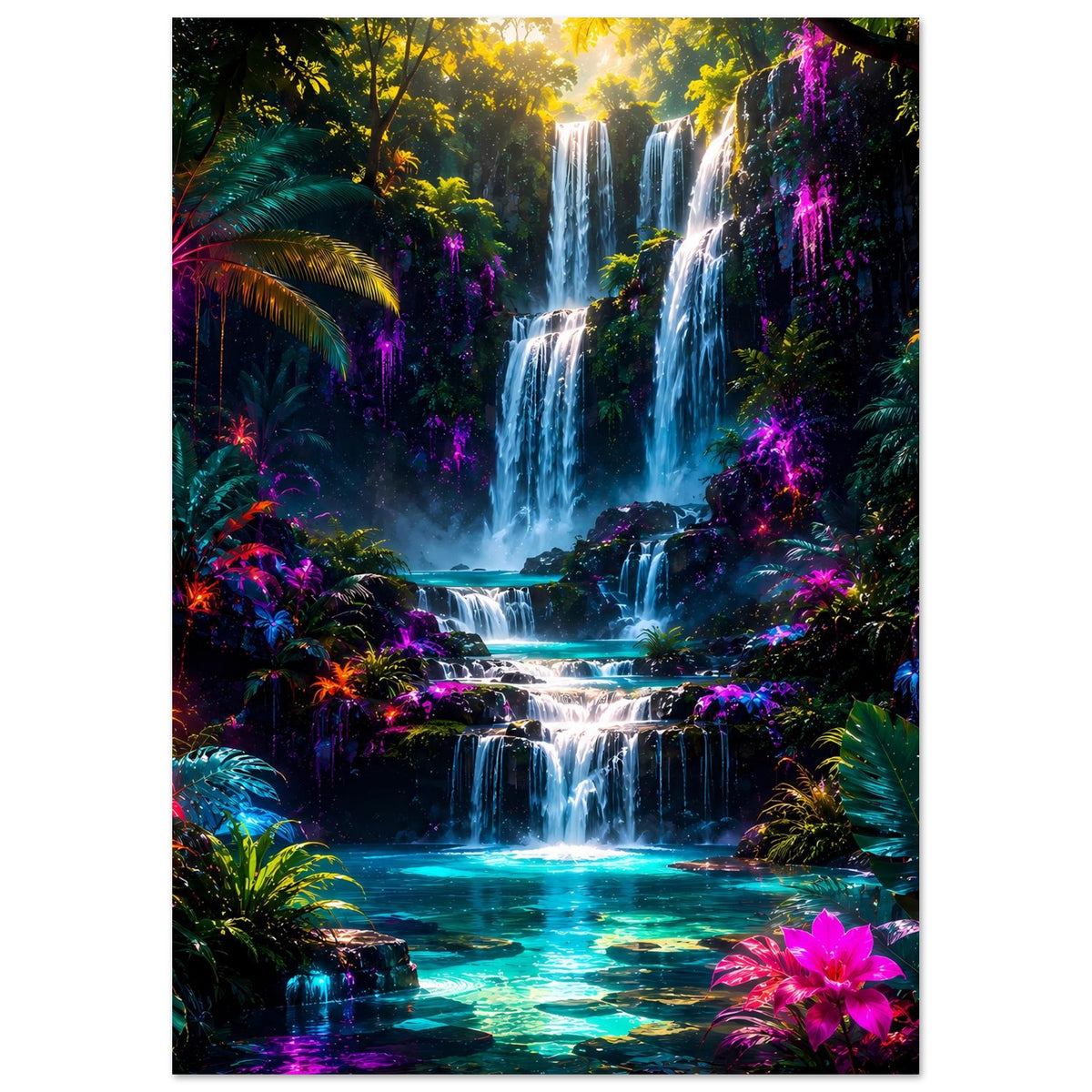 Leuchtendes Tropenwasserfall-Poster, vertikal: Wasserfalllandschaft mit bunten Pflanzen und Neon-Licht