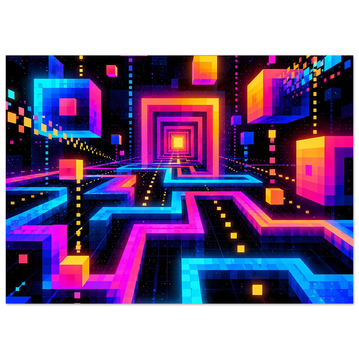 Neon-Labyrinth-Poster mit bunt leuchtenden Wegen und Würfelflächen, Querformat.