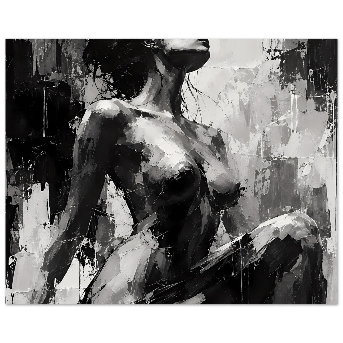 Kunstposter mit Frauenakt-Porträt in Schwarz-Weiß, abstrakter Pinselstrich, mittlere Ansicht