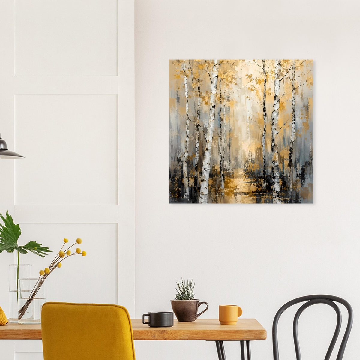 Poster mit Birkenwald-Motiv in Beige, Gelb und Grau, kontrastreicher dunkler Basis