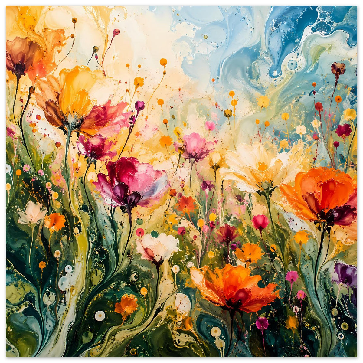 Abstraktes Blumenposter im Querformat mit orange-roten Blüten, pinken Akzenten und Farbspritzern im Rahmen