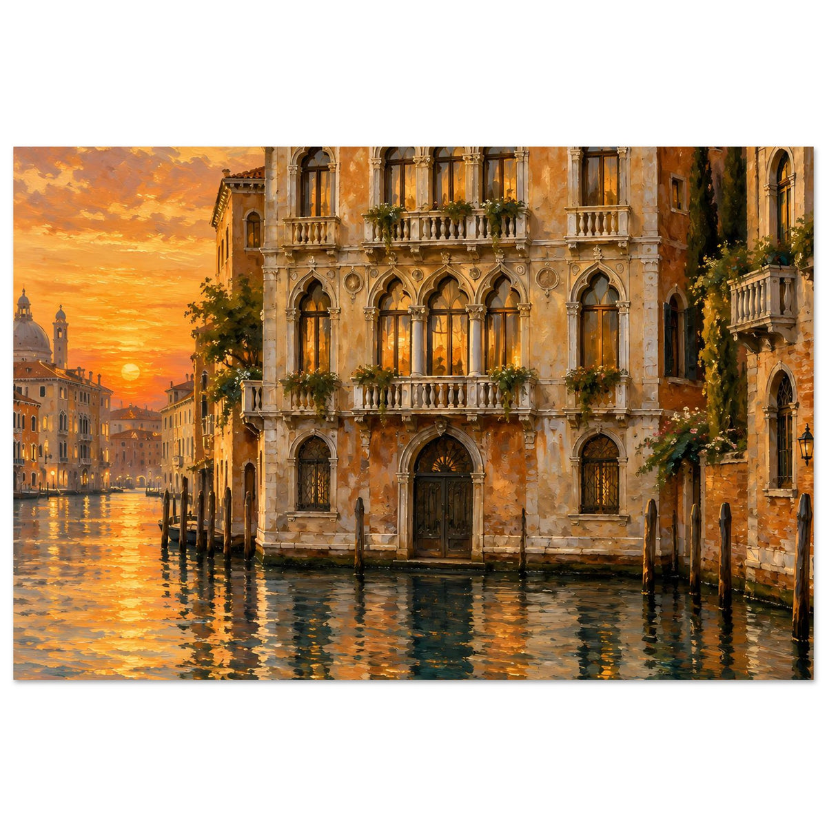 Wandposter mit venezianischem Gebäude und Abendsonne, reflektiert im Wasser