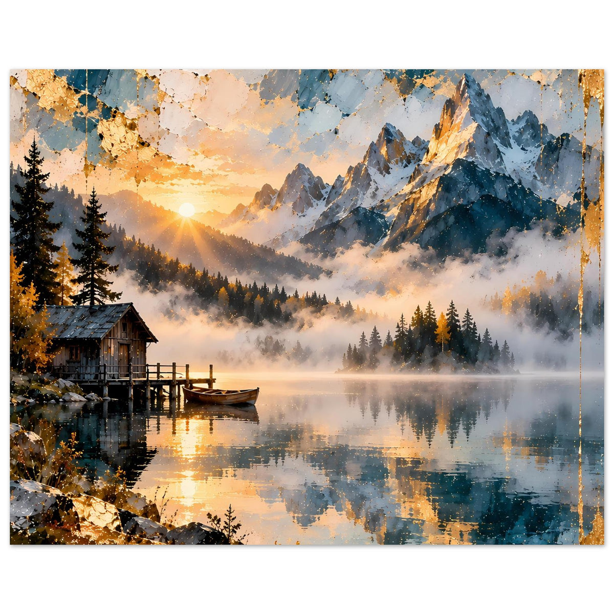Wandposter mit Bergsee und Gebirge, goldene Lichtstimmung, Nebel und reflektierender Wasserfläche