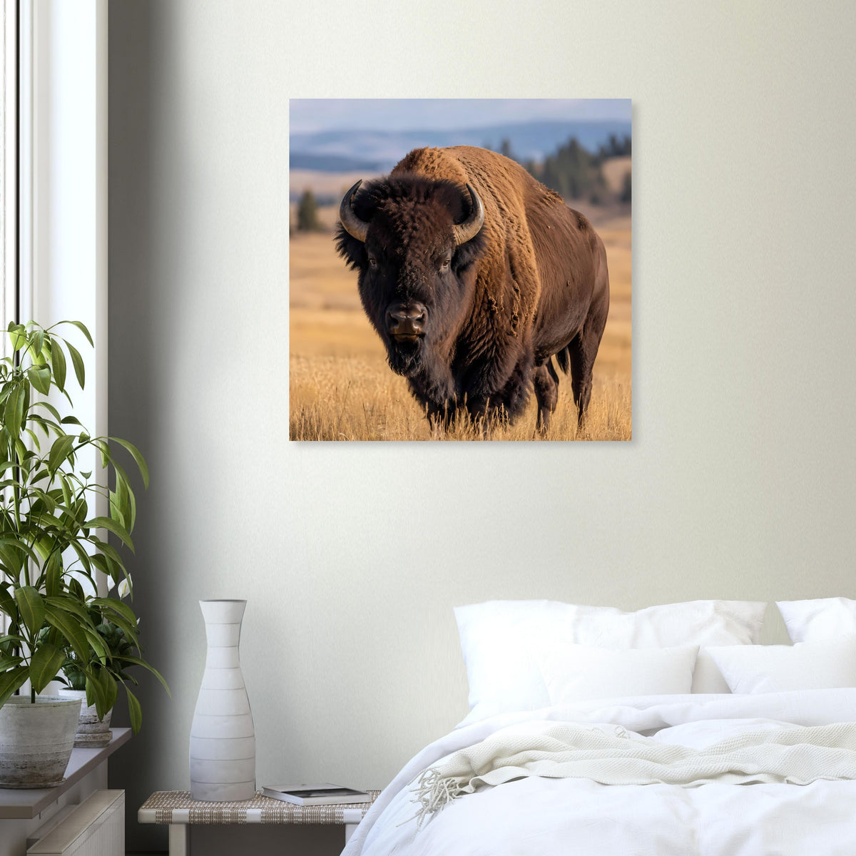 Wildtierposter mit braunem Bison im Vordergrund, quadratisch