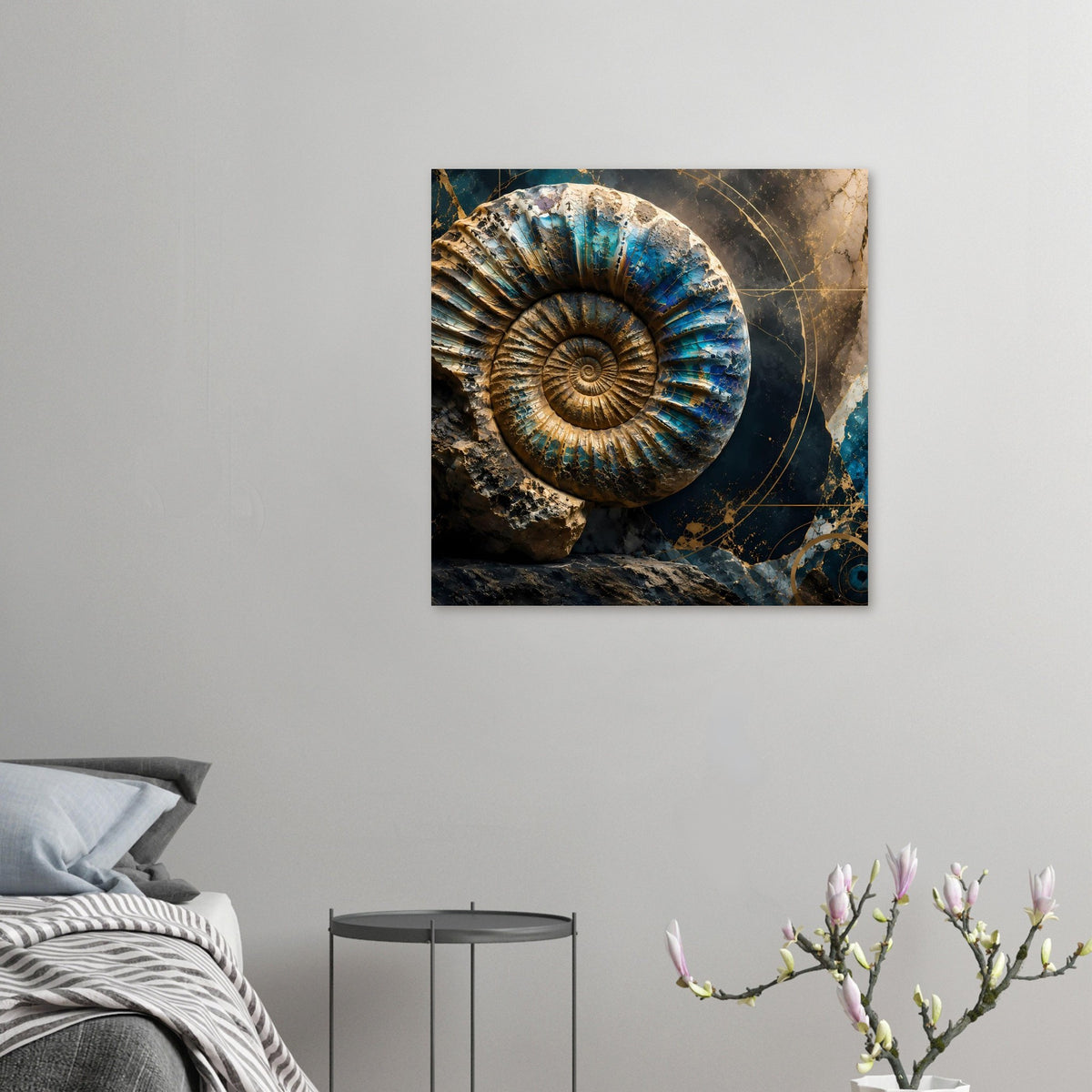 Quadratisches Kunstposter mit blauem Ammonit-Fossil und goldenen Linien auf dunklem Grund